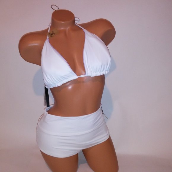 Victoria Secret PINK Swim Bikini Large White Purple Triangle Shortie String Reve - Picture 1 of 12